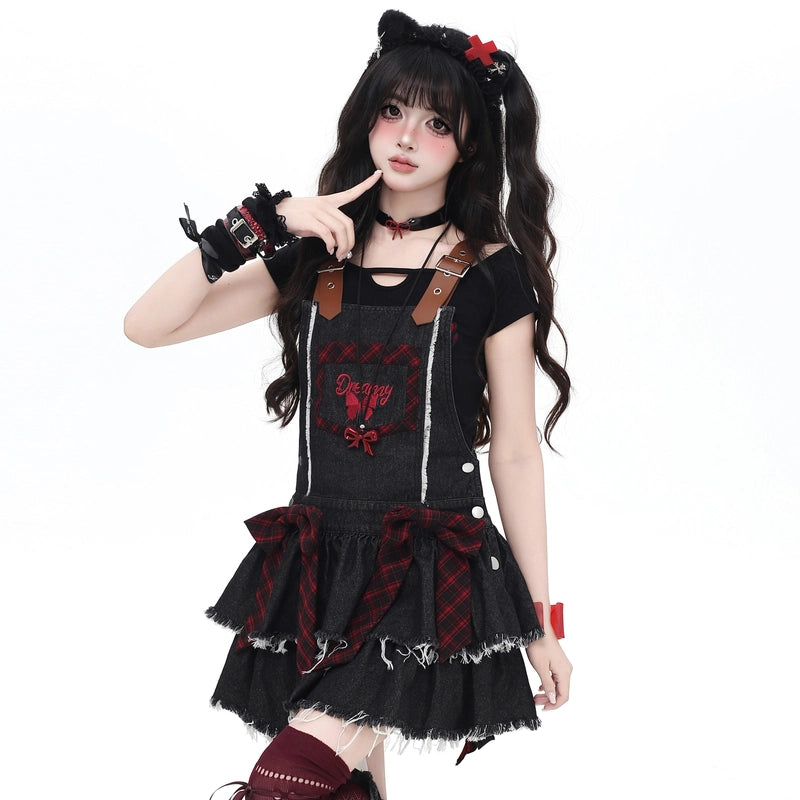 Summer Sweet Girl Style Bow Decoration Denim Overalls Skirt