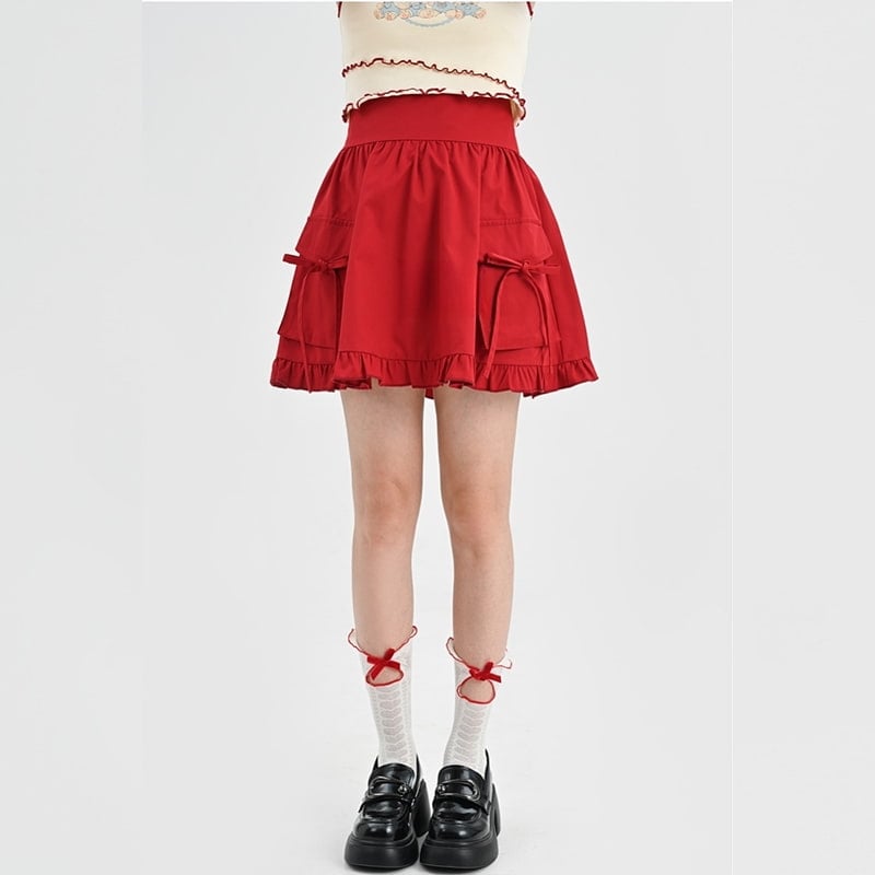 Summer Sweet Girl Style Bow Red Cake Skirt