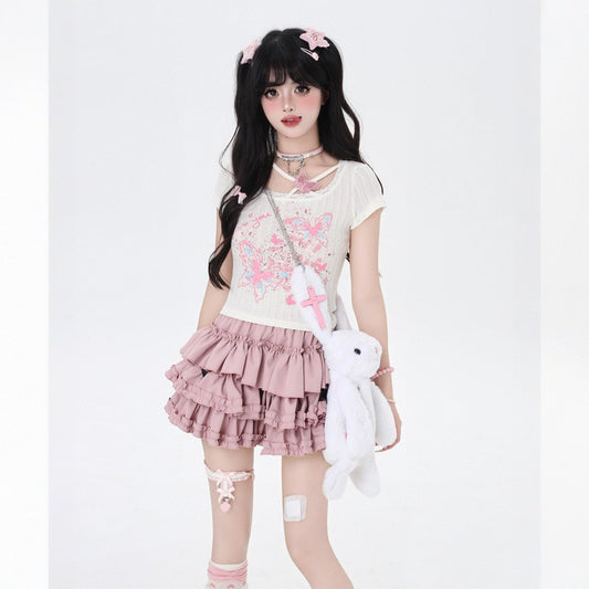 Summer Sweet Girl Style Butterfly Print T-shirt