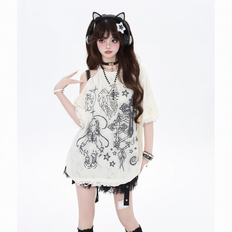 Summer Sweet Girl Style Cartoon Angel Graffiti Off-shoulder T-shirt
