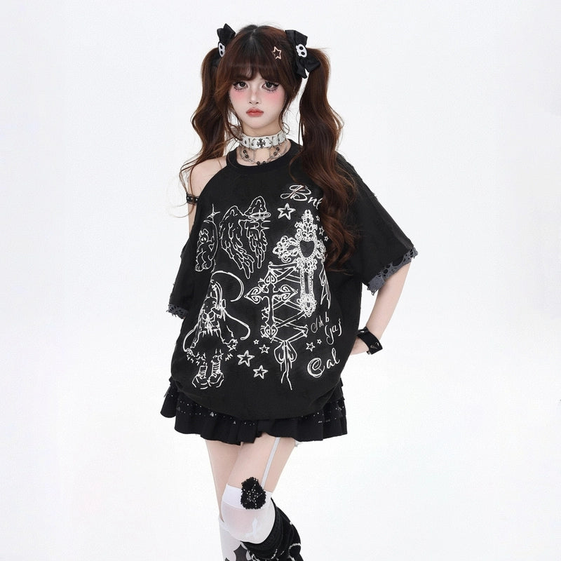 Summer Sweet Girl Style Cartoon Angel Graffiti Off-shoulder T-shirt