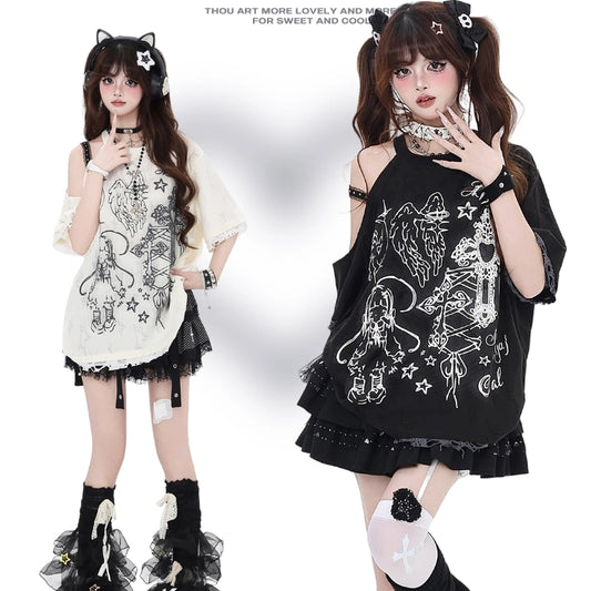 Summer Sweet Girl Style Cartoon Angel Graffiti Off-shoulder T-shirt
