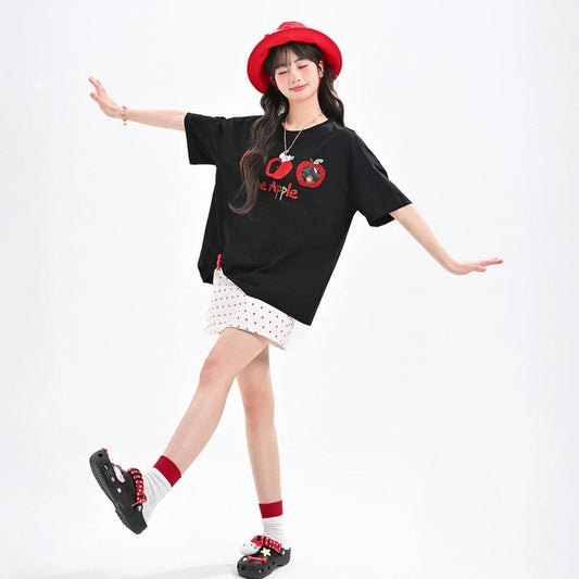 Summer Sweet Girl Style Cartoon Apple Embroidered Round Neck T-shirt