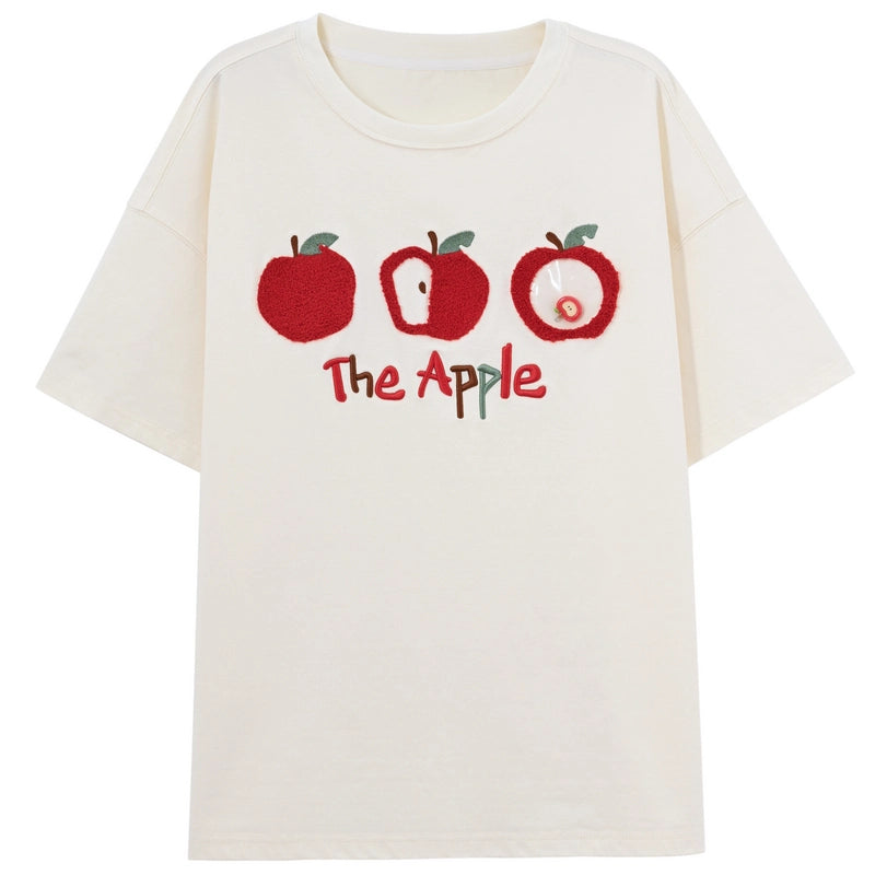 Summer Sweet Girl Style Cartoon Apple Embroidered Round Neck T-shirt