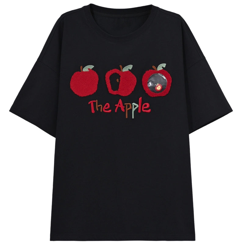 Summer Sweet Girl Style Cartoon Apple Embroidered Round Neck T-shirt