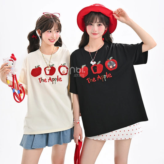 Summer Sweet Girl Style Cartoon Apple Embroidered Round Neck T-shirt