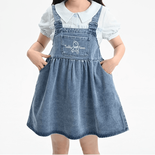 Summer Sweet Girl Style Cartoon Bear Print Denim Overalls Dress