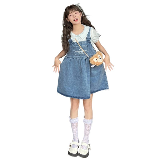 Summer Sweet Girl Style Cartoon Bear Print Denim Overalls Dress