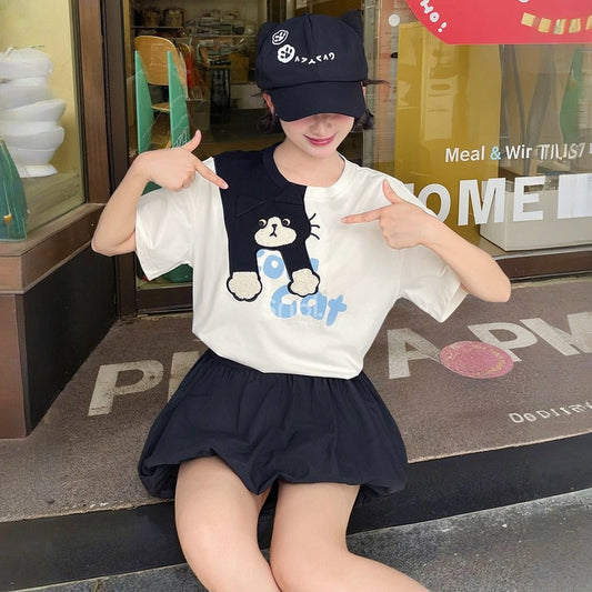Summer Sweet Girl Style Cartoon Cat Embroidered T-shirt