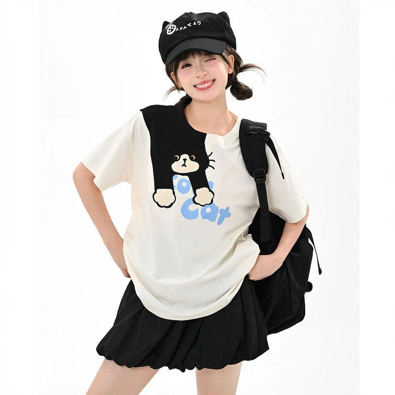 Summer Sweet Girl Style Cartoon Cat Embroidered T-shirt