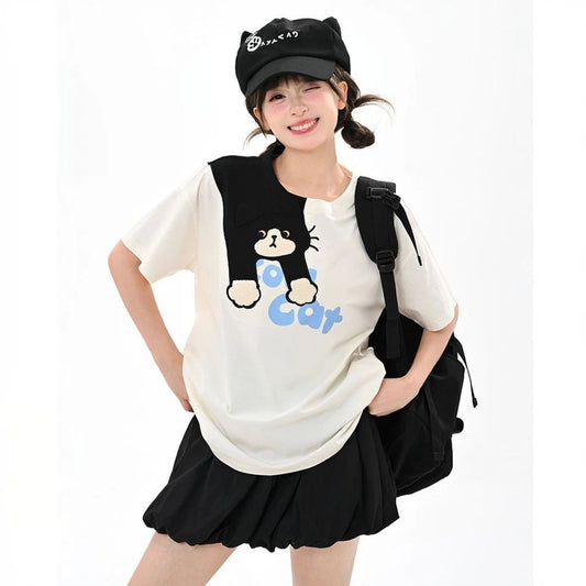 Summer Sweet Girl Style Cartoon Cat Embroidered T-shirt