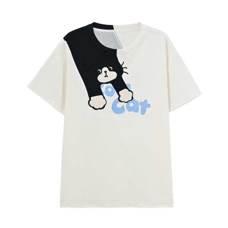 Summer Sweet Girl Style Cartoon Cat Embroidered T-shirt