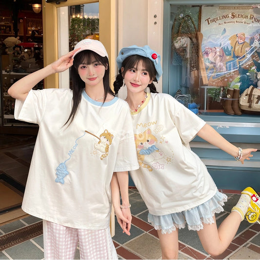 Summer Sweet Girl Style Cartoon Cat Print Short-Sleeved T-shirt