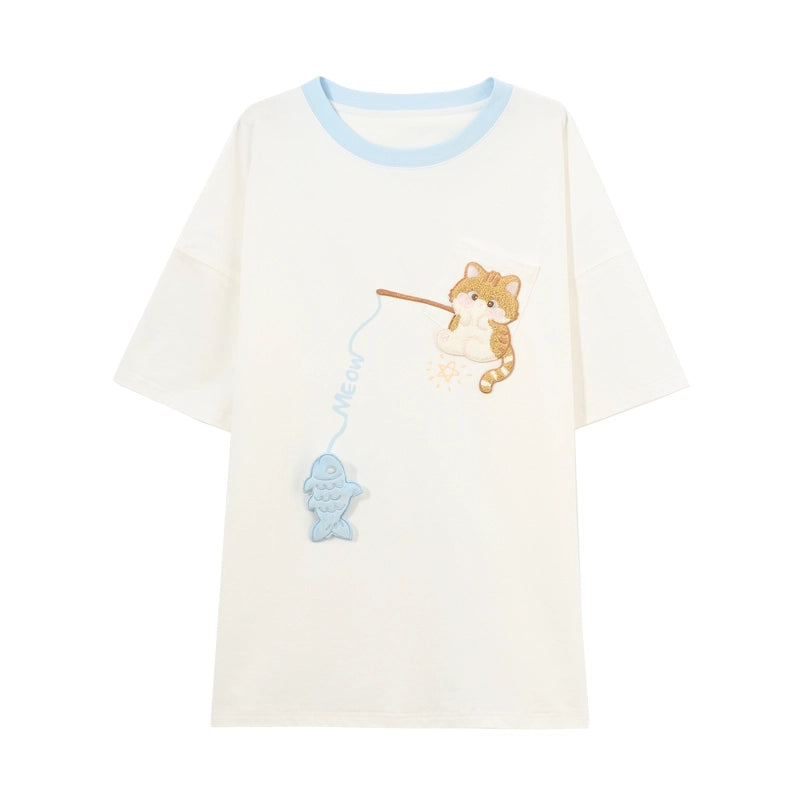 Summer Sweet Girl Style Cartoon Cat Print Short-Sleeved T-shirt