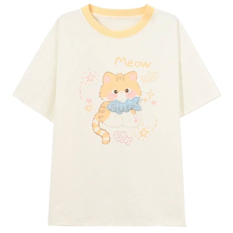 Summer Sweet Girl Style Cartoon Cat Print Short-Sleeved T-shirt