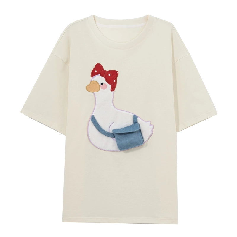 Summer Sweet Girl Style Cartoon Duck Embroidered T-shirt