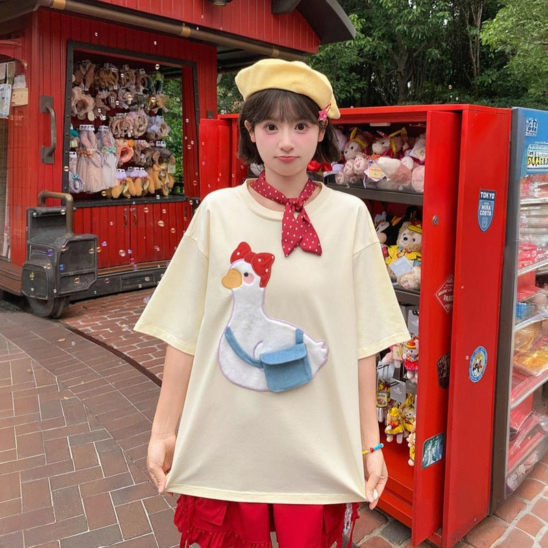 Summer Sweet Girl Style Cartoon Duck Embroidered T-shirt
