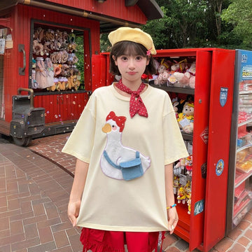 Summer Sweet Girl Style Cartoon Duck Embroidered T-shirt