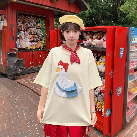 Summer Sweet Girl Style Cartoon Duck Embroidered T-shirt