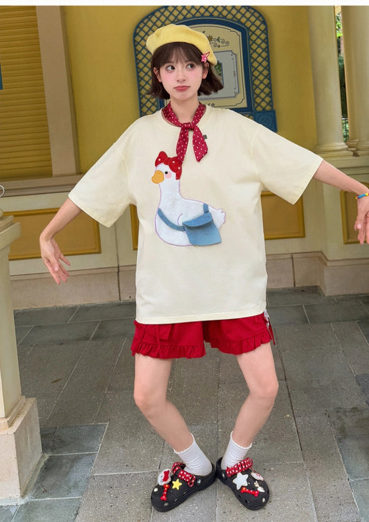 Summer Sweet Girl Style Cartoon Duck Embroidered T-shirt