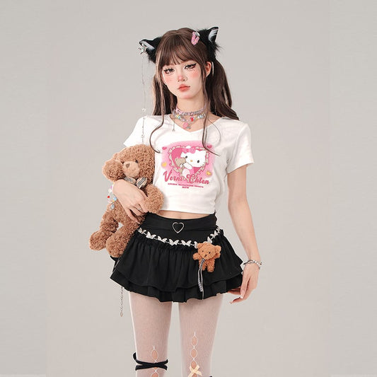 Summer Sweet Girl Style Cartoon Hello Kitty Printed T-shirt