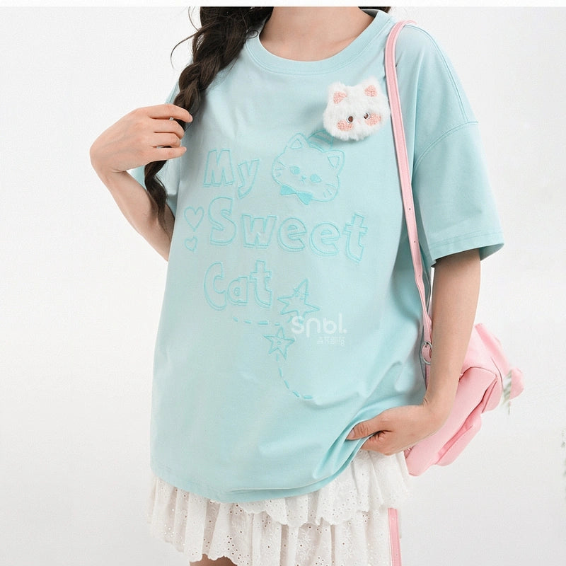 Summer Sweet Girl Style Cartoon Kitten Embroidered T-shirt