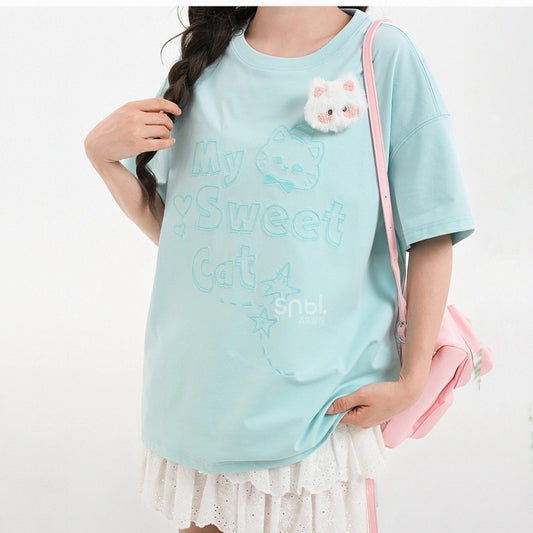 Summer Sweet Girl Style Cartoon Kitten Embroidered T-shirt