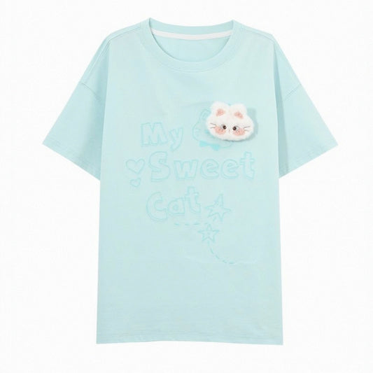 Summer Sweet Girl Style Cartoon Kitten Embroidered T-shirt