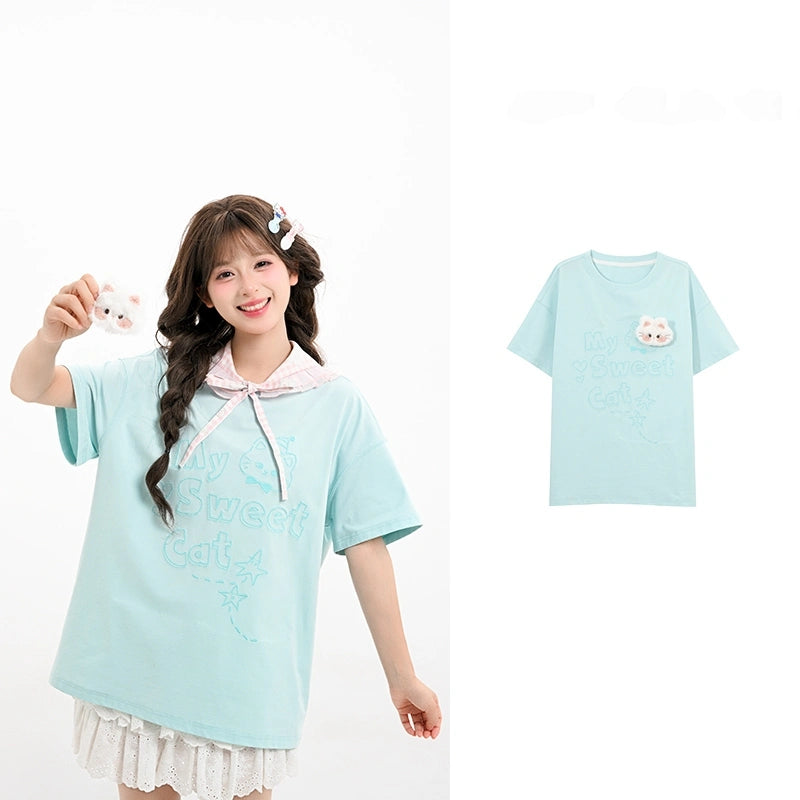 Summer Sweet Girl Style Cartoon Kitten Embroidered T-shirt