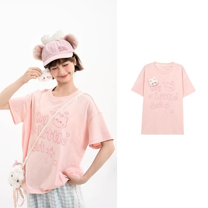 Summer Sweet Girl Style Cartoon Kitten Embroidered T-shirt
