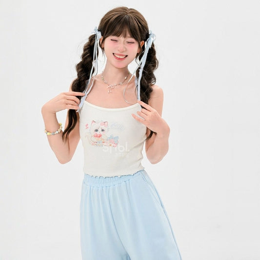 Summer Sweet Girl Style Cartoon Kitten Print Vest