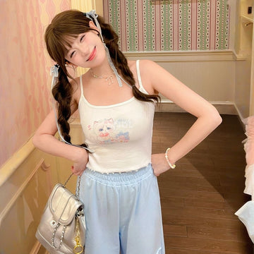 Summer Sweet Girl Style Cartoon Kitten Print Vest