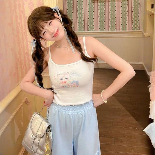 Summer Sweet Girl Style Cartoon Kitten Print Vest