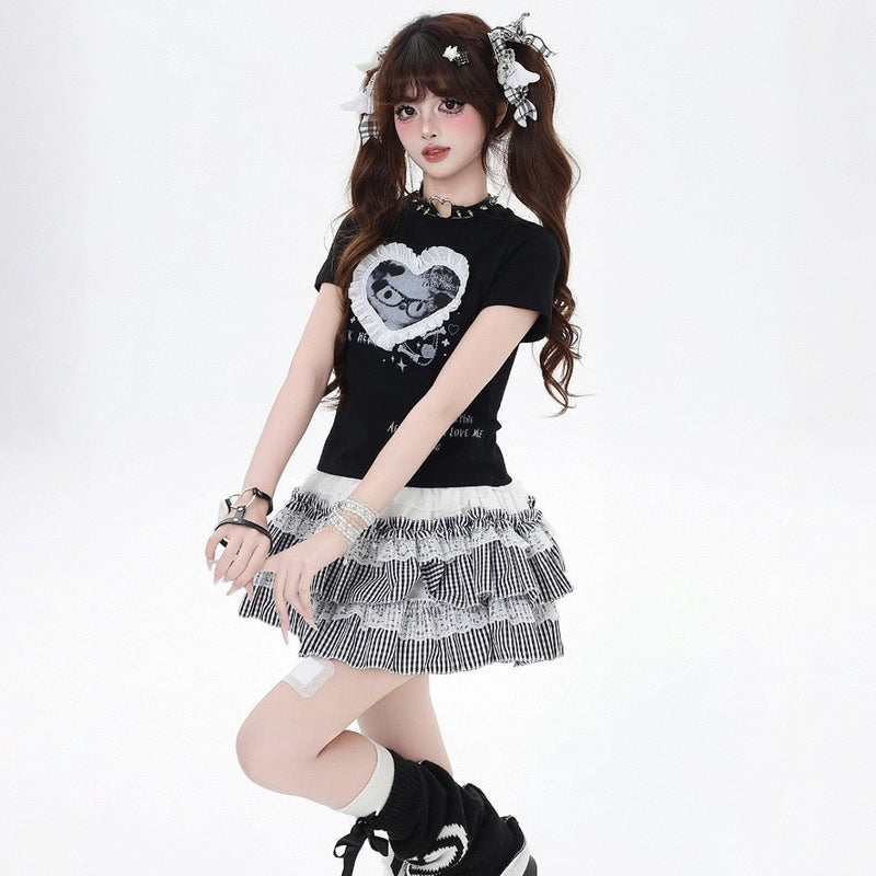 Summer Sweet Girl Style Cartoon Kitten Silk Patchwork Short T-shirt