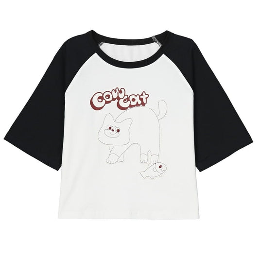 Summer Sweet Girl Style Cartoon Line Cat Print T-shirt