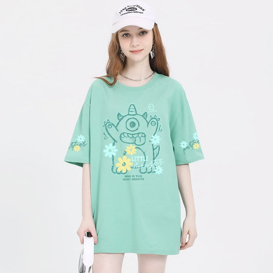 Summer Sweet Girl Style Cartoon Little Monster Print T-shirt