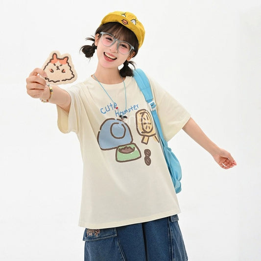 Summer Sweet Girl Style Cartoon Pattern Print T-shirt