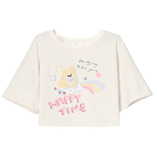 Summer Sweet Girl Style Cartoon Puppy Print Polo Shirt T-shirt