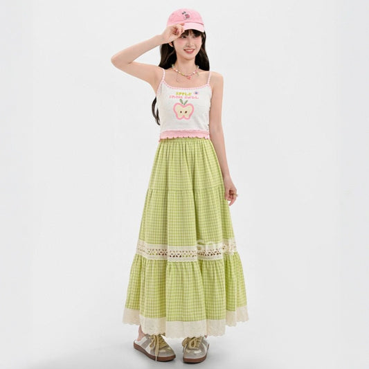 Summer Sweet Girl Style Green Plaid Striped Long Skirt