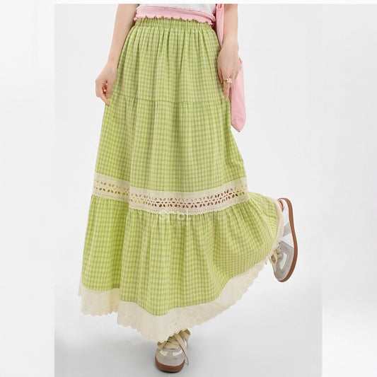 Summer Sweet Girl Style Green Plaid Striped Long Skirt