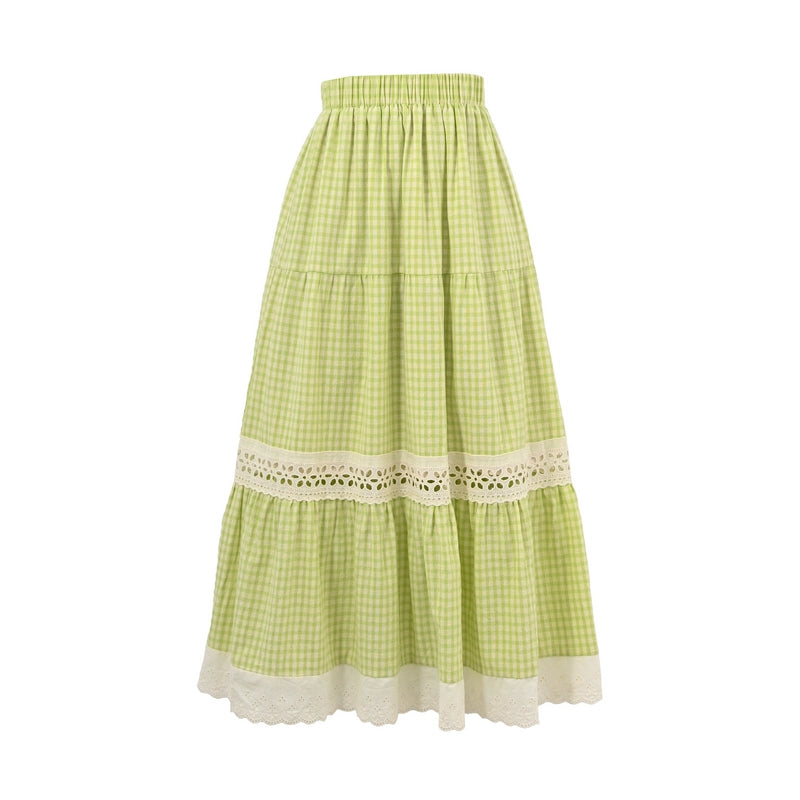 Summer Sweet Girl Style Green Plaid Striped Long Skirt