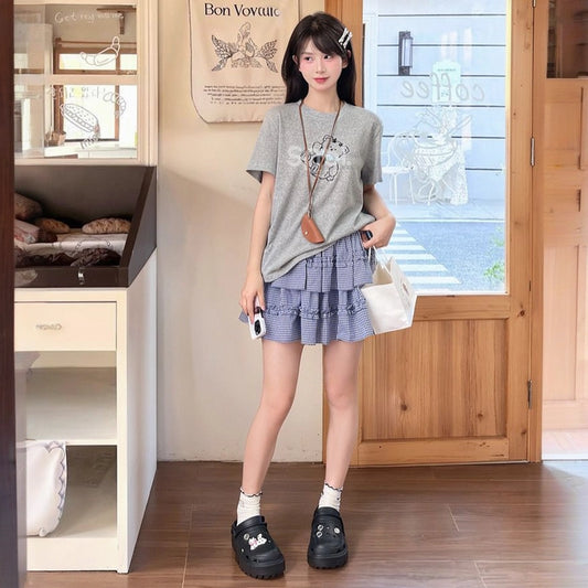 Summer Sweet Girl Style Grey Cartoon Bear Print T-shirt