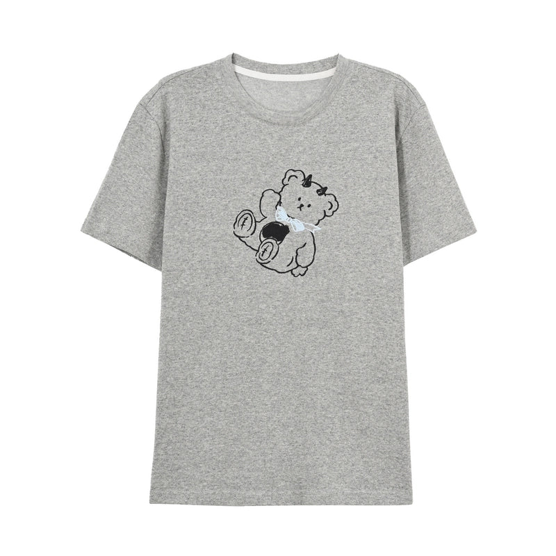 Summer Sweet Girl Style Grey Cartoon Bear Print T-shirt