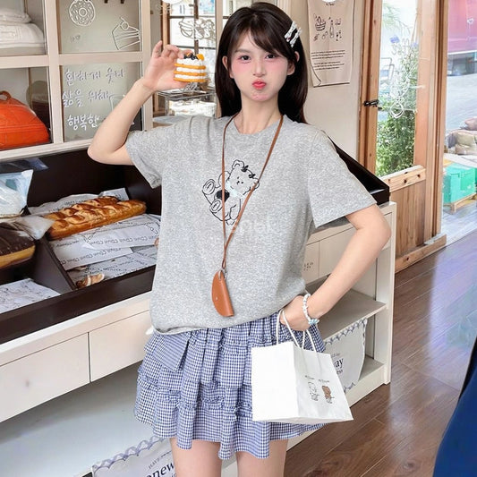 Summer Sweet Girl Style Grey Cartoon Bear Print T-shirt