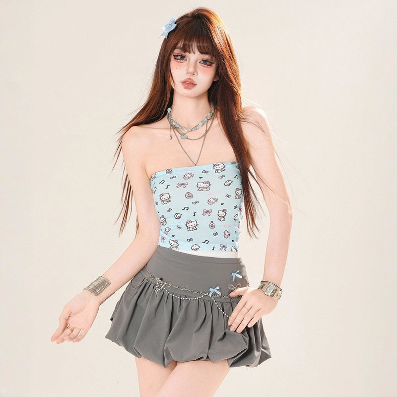 Summer Sweet Girl Style Hello Kitty Print Tube-Top