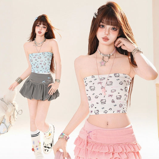 Summer Sweet Girl Style Hello Kitty Print Tube-Top