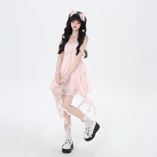 Summer Sweet Girl Style Pink Bow Dress