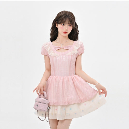 Summer Sweet Girl Style Pink Bow Lace Dress