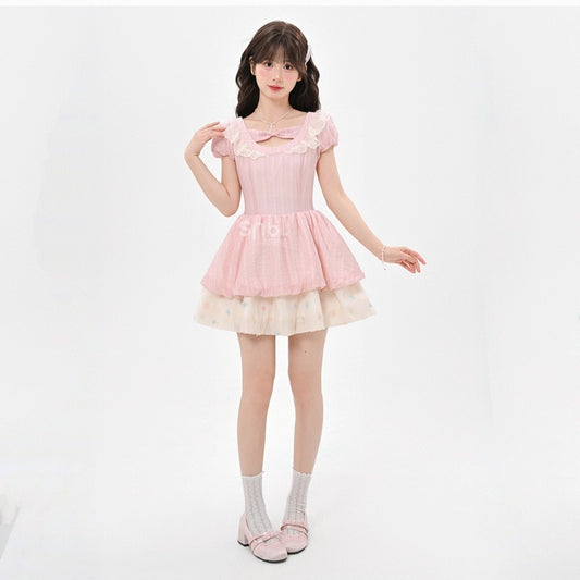 Summer Sweet Girl Style Pink Bow Lace Dress