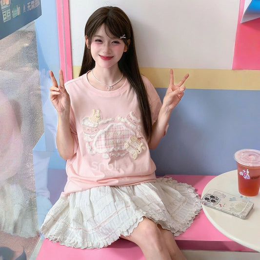 Summer Sweet Girl Style Pink Bunny Embroidered T-shirt